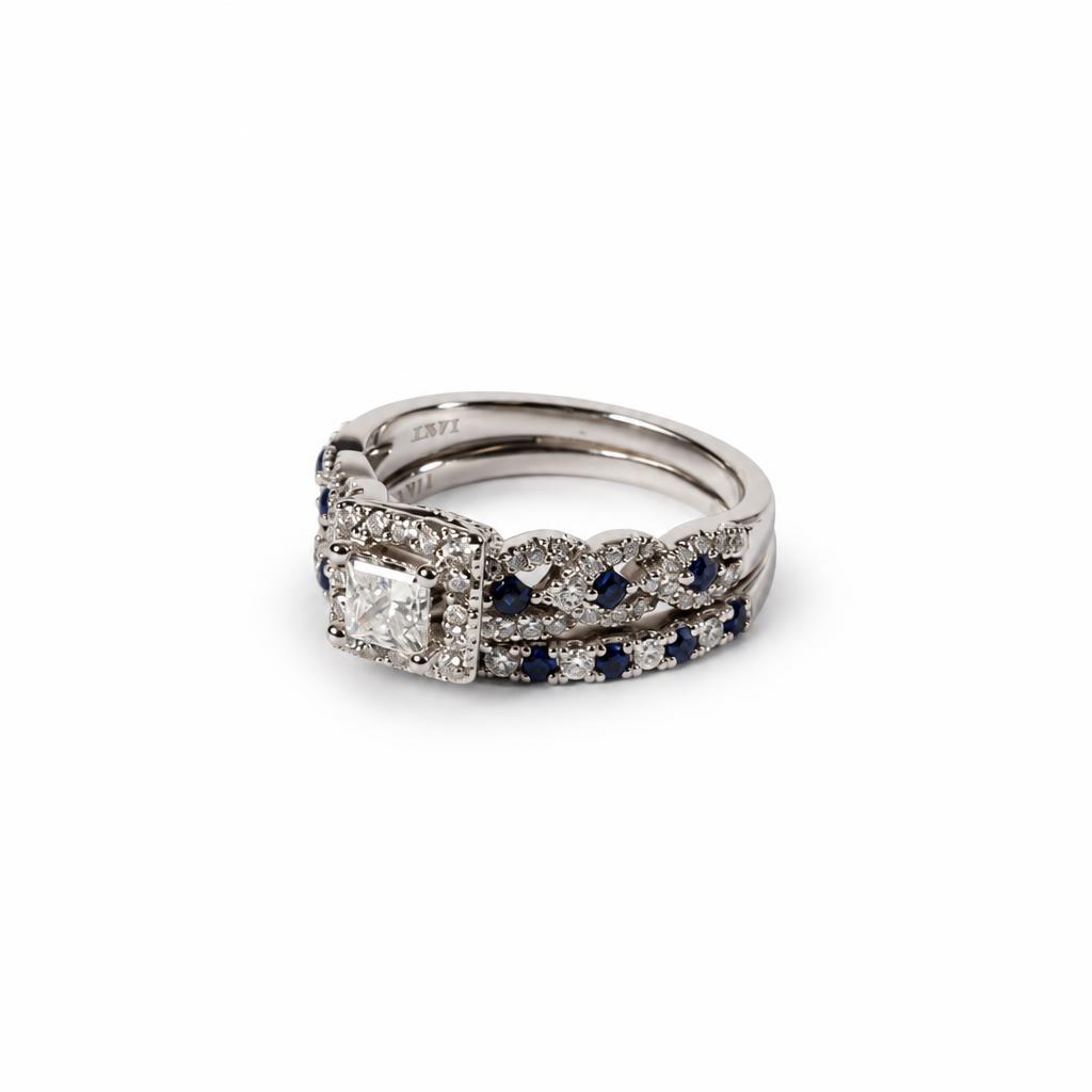 Gallery image of this Women’s 14k White Gold Bridal Ring EGL Certified with 0.48ct Princess Diamond F/SI2 and Sapphire Size 7.25