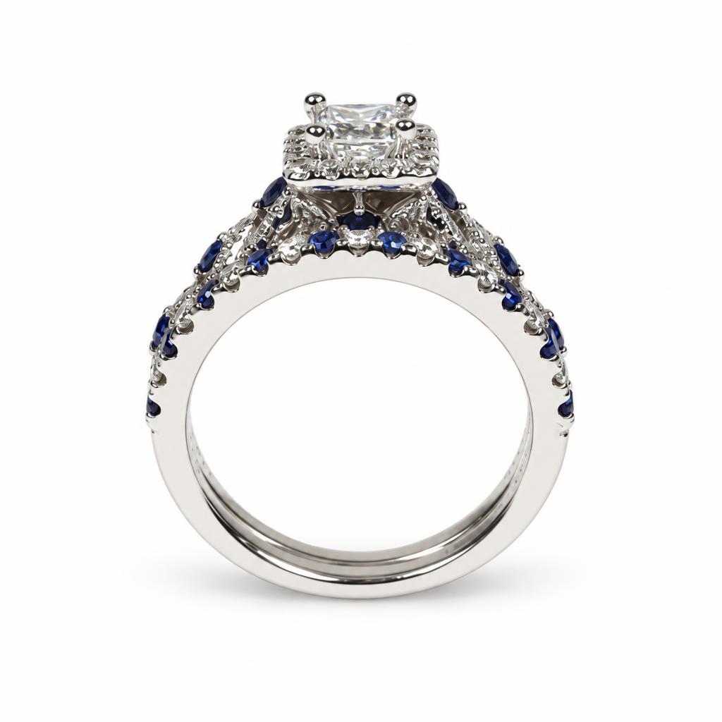 Gallery image of this Women’s 14k White Gold Bridal Ring EGL Certified with 0.48ct Princess Diamond F/SI2 and Sapphire Size 7.25