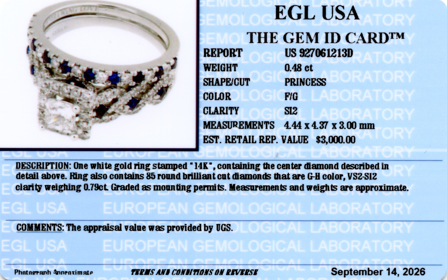 Gallery image of this Women’s 14k White Gold Bridal Ring EGL Certified with 0.48ct Princess Diamond F/SI2 and Sapphire Size 7.25