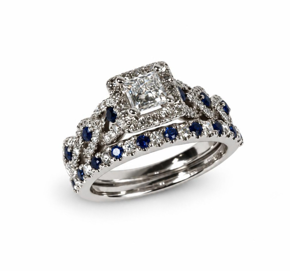 Featured image of this Women’s 14k White Gold Bridal Ring EGL Certified with 0.48ct Princess Diamond F/SI2 and Sapphire Size 7.25