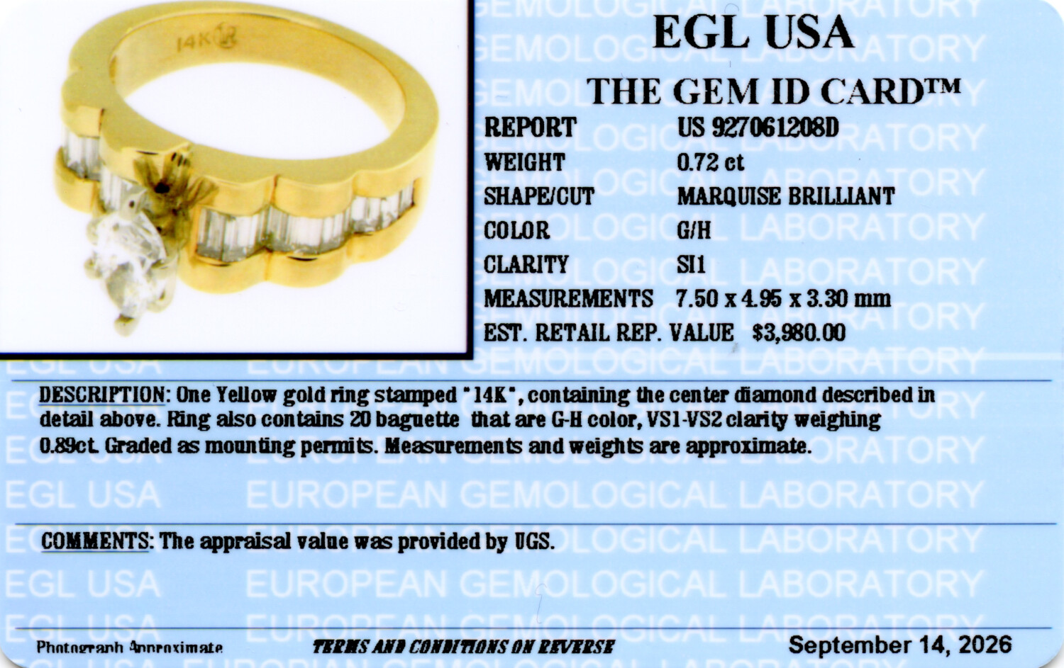 Gallery image of this Women’s 14k Yellow Gold Bridal Ring EGL Certified with 0.72ct Marquise Diamond G/SI1 Size 7.5
