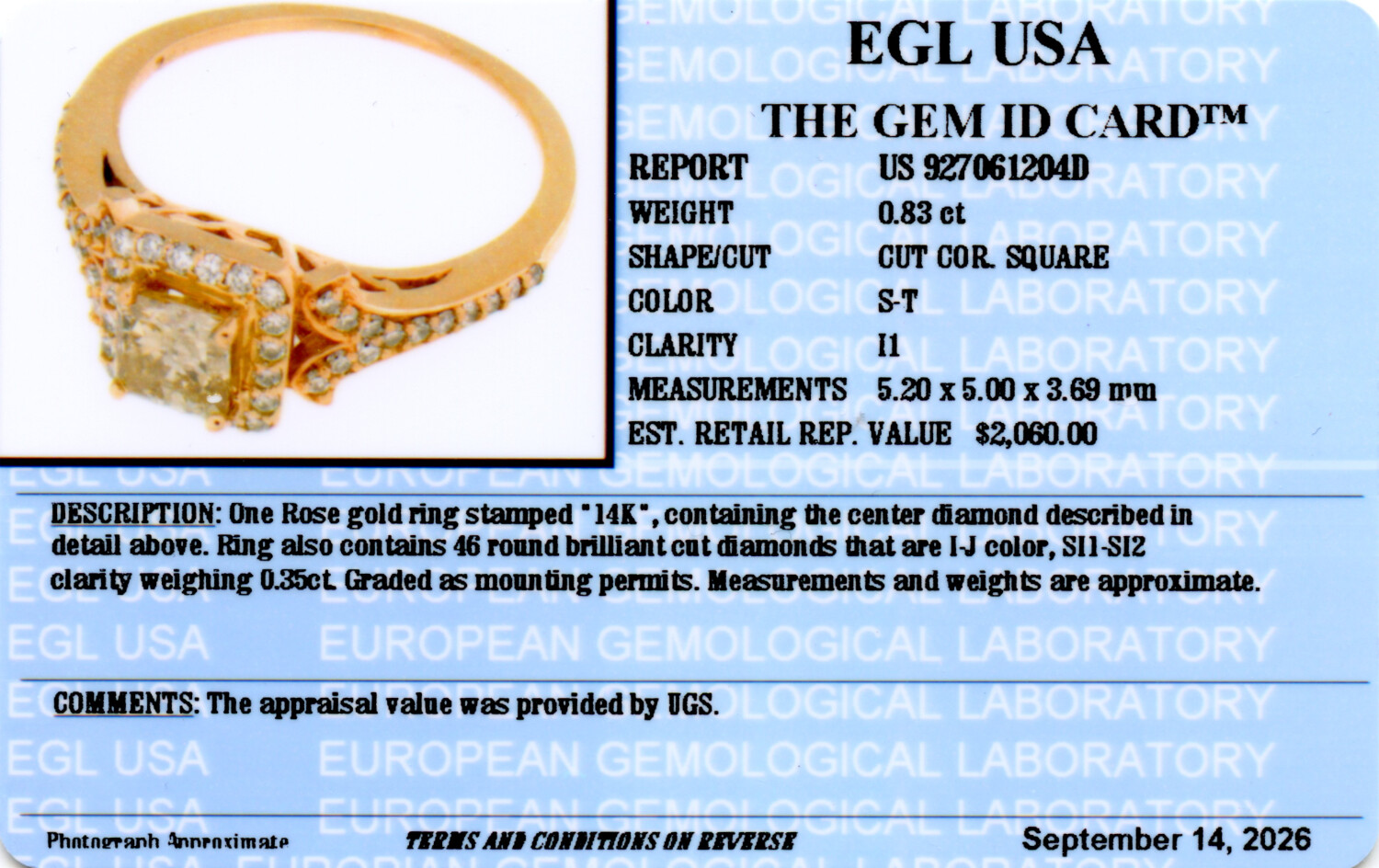 Gallery image of this Women’s 14k Rose Gold Bridal Ring EGL Certified with 0.83ct Cut Corner Square Diamond S/I1 Size 8.25
