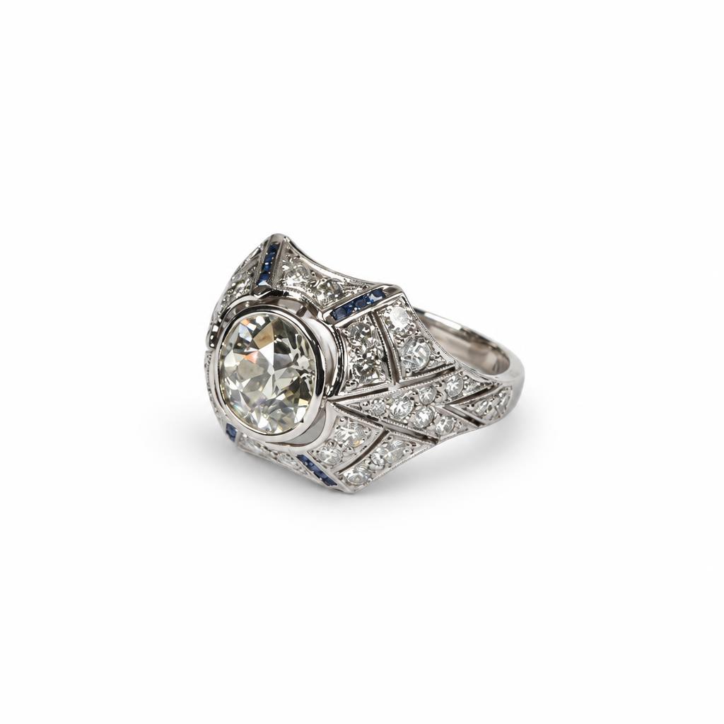 Gallery image of this Women’s Platinum Ring EGL Certified with 2.97ct Old European Diamond J/SI2 and Sapphire Size 8.75