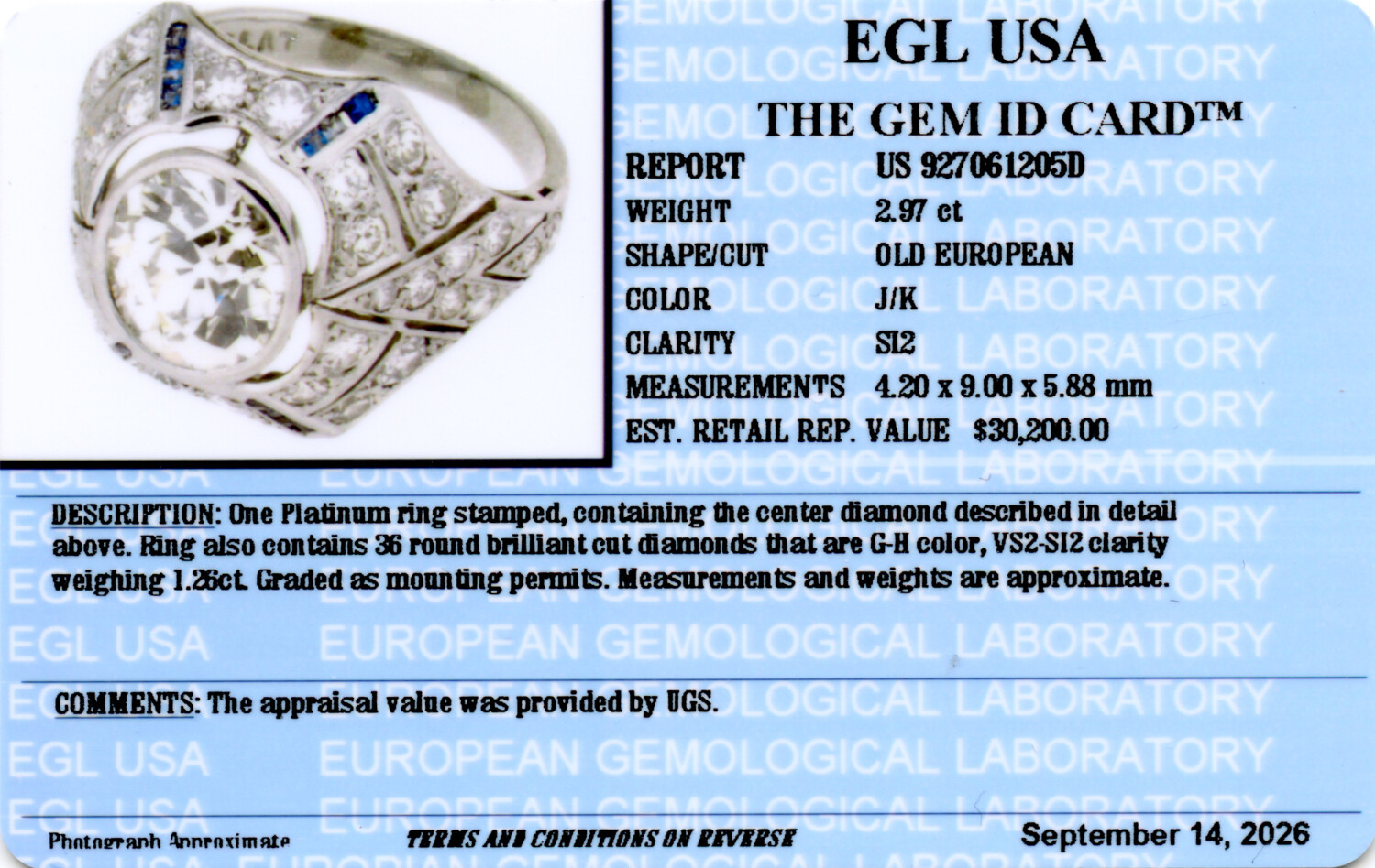 Gallery image of this Women’s Platinum Ring EGL Certified with 2.97ct Old European Diamond J/SI2 and Sapphire Size 8.75