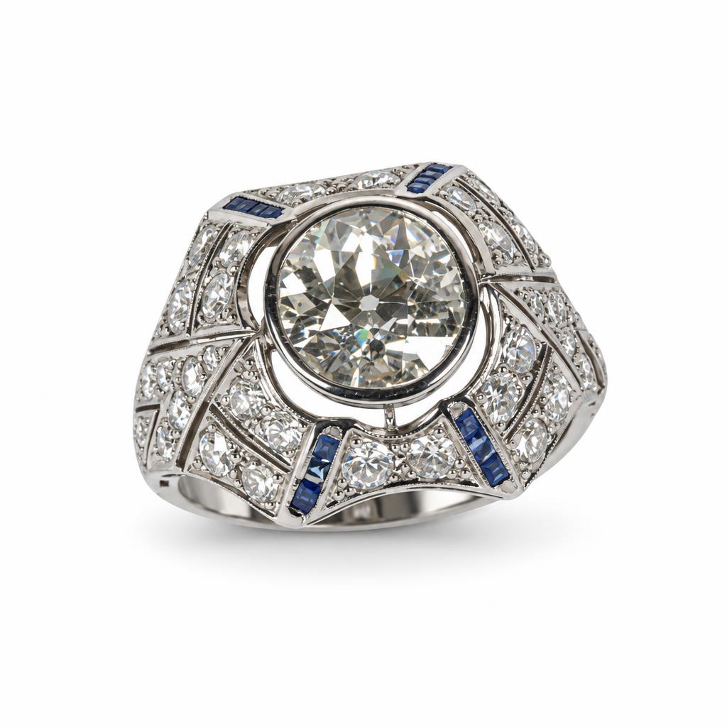 Featured image of this Women’s Platinum Ring EGL Certified with 2.97ct Old European Diamond J/SI2 and Sapphire Size 8.75