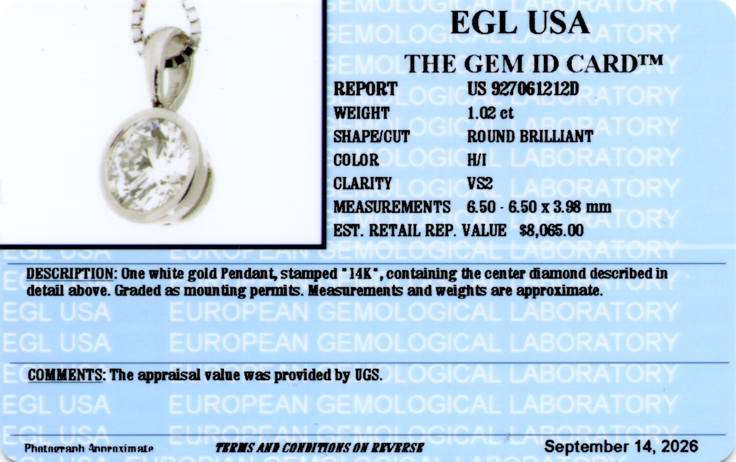 Gallery image of this Women’s 14k White Gold Pendant EGL Certified with 1.02ct Round Diamond H/VS2