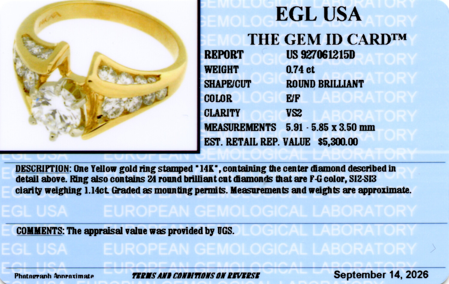Gallery image of this Women’s 14k Yellow Gold Bridal Ring EGL Certified with 0.74ct Round Brilliant Diamond E/VS2 Size 6.5