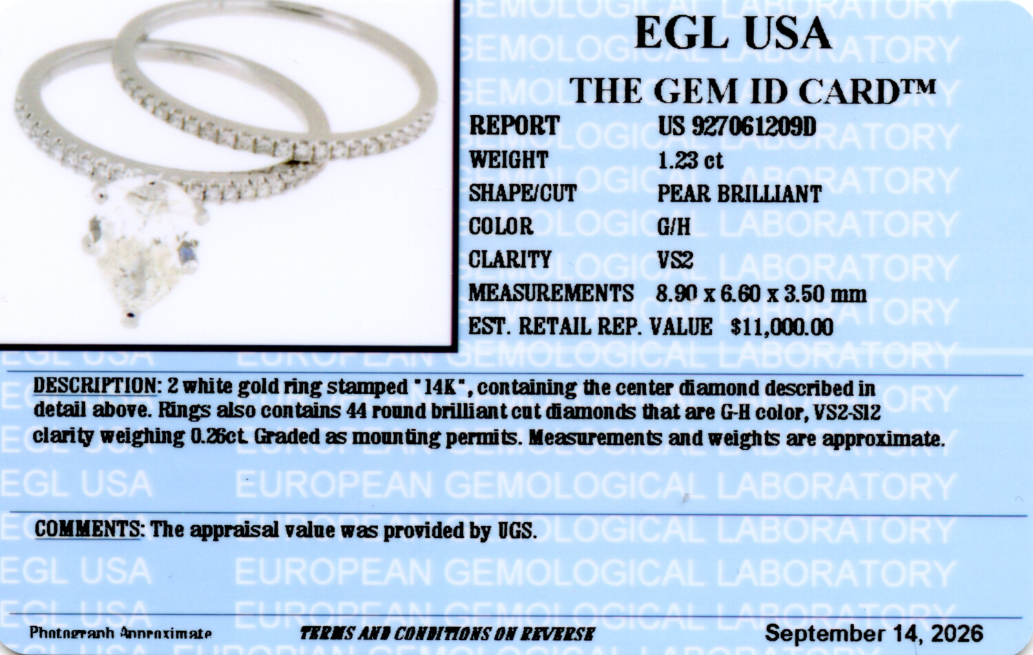 Gallery image of this Women’s 14k White Gold Bridal Ring EGL Certified with 1.23ct Pear Diamond G/VS2 Size 6.5