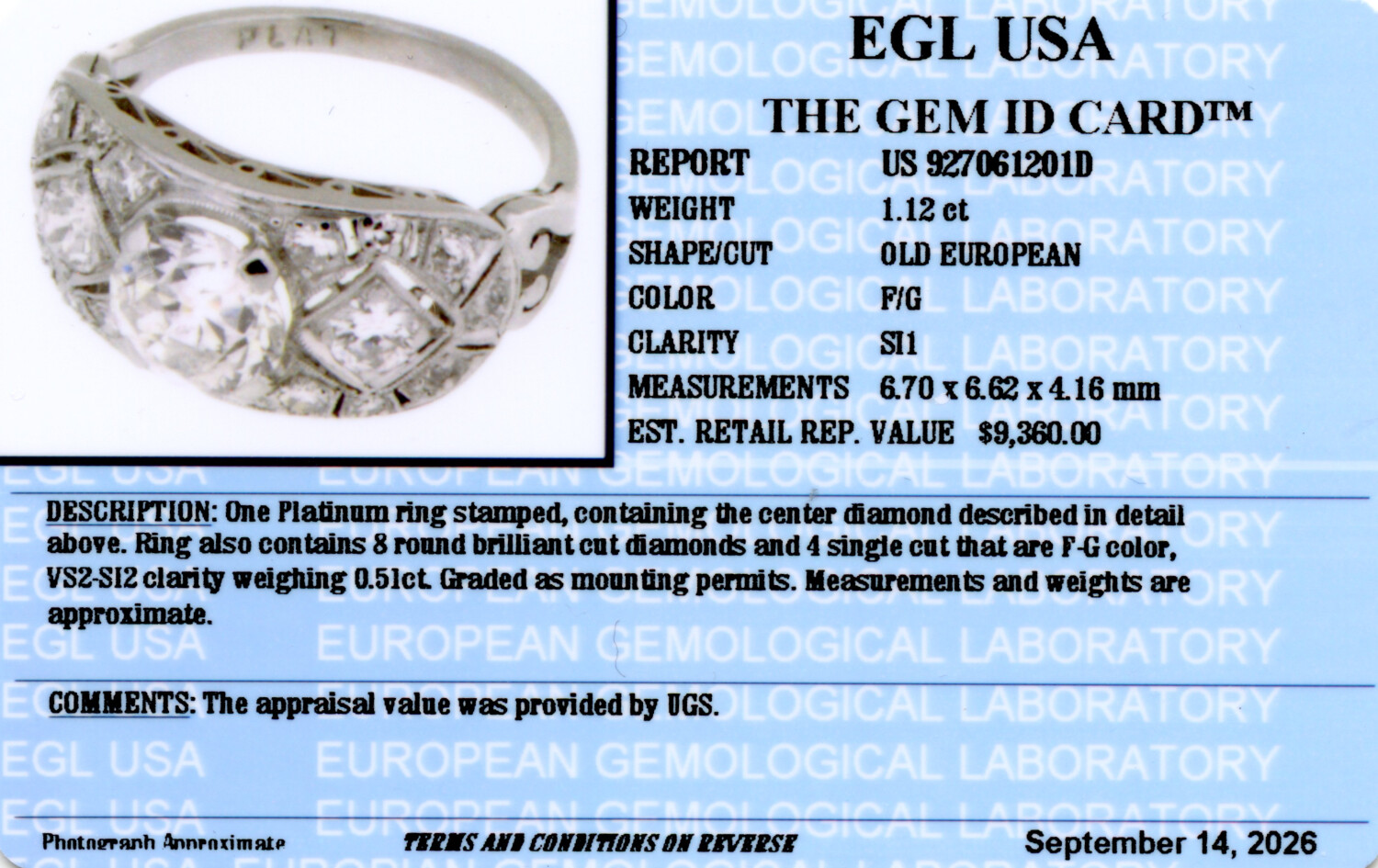 Gallery image of this Women’s Vintage Platinum Ring EGL Certified with 1.12ct Old European Diamond F/SI1 Size 4.5