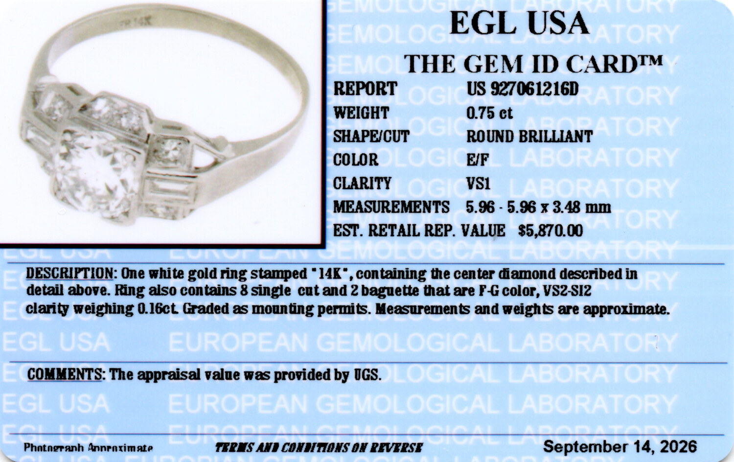 Gallery image of this Women’s 14k White Gold Bridal Ring EGL Certified with 0.75ct Round Diamond E/VS1 Size 6.25
