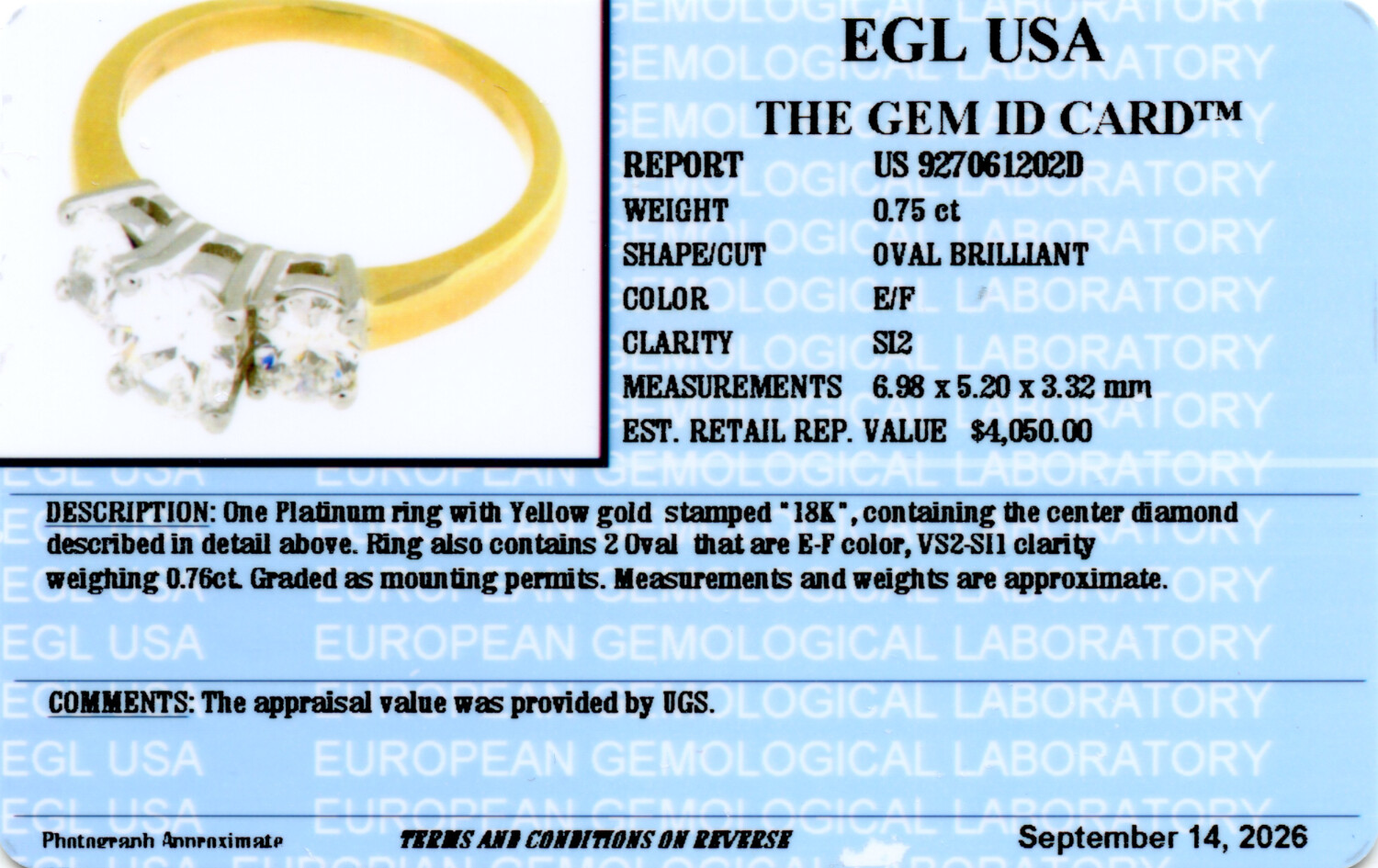 Gallery image of this Women’s 18k Yellow Gold Bridal Ring EGL Certified with 0.75ct Oval Diamond E/SI2 Size 6.5