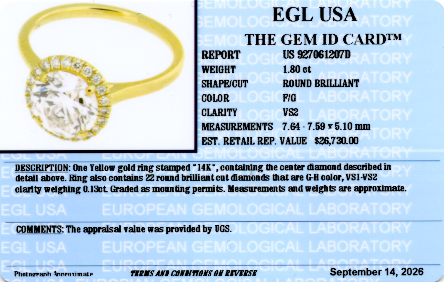 Gallery image of this Women’s 14k Yellow Gold Bridal Ring EGL Certified with 1.80ct Round Diamond F/VS2 Size 5.5
