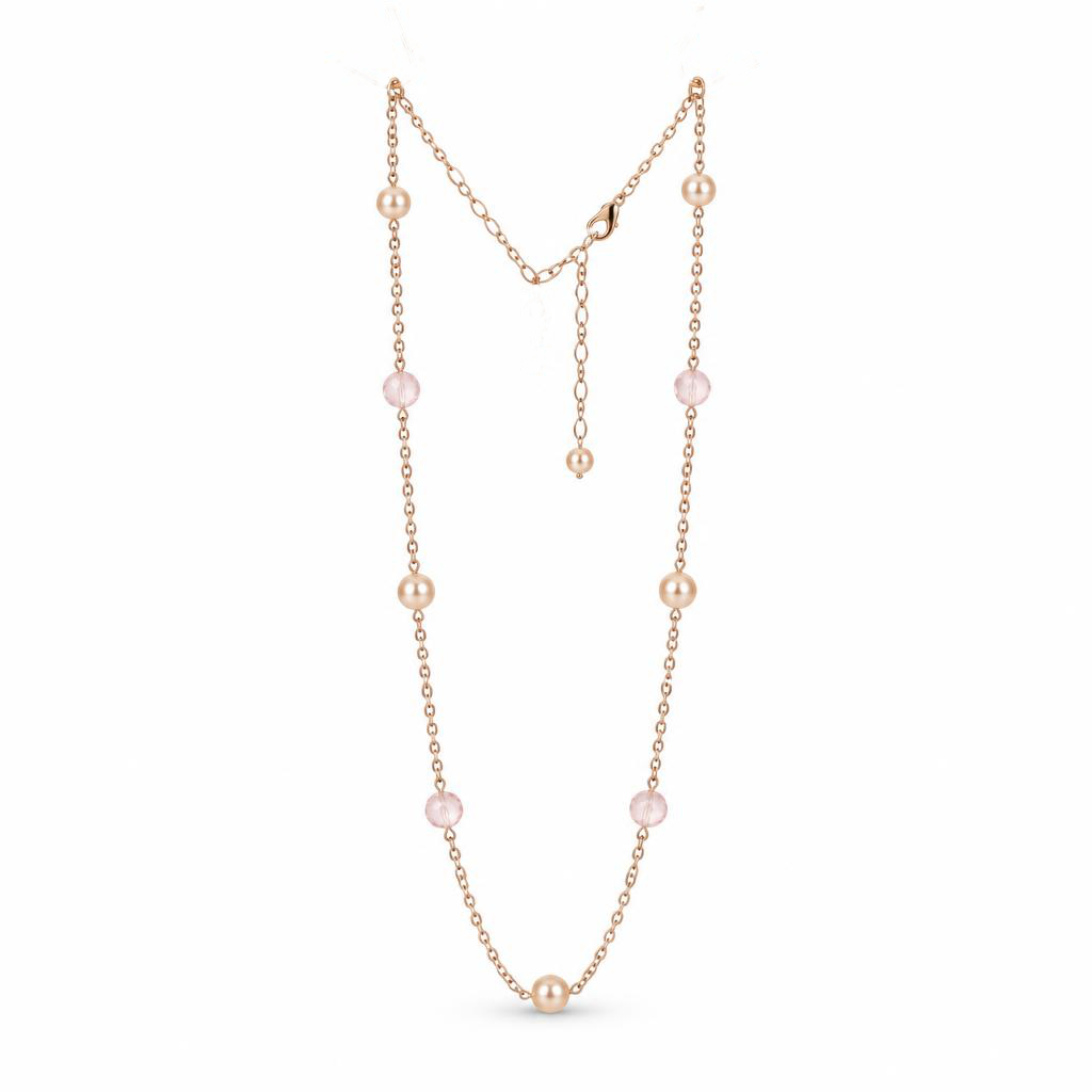 Featured image of this Women’s 14k Rose Gold Chain Necklace with Pearl and Pink Quartz