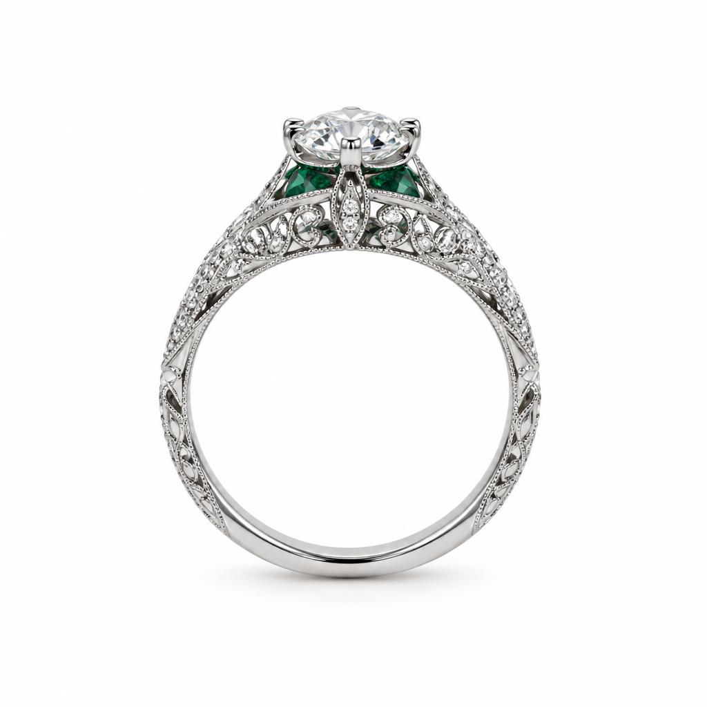Gallery image of this Women’s 14k White Gold Diamond, Emerald Ring EGL Cert Size 6.5