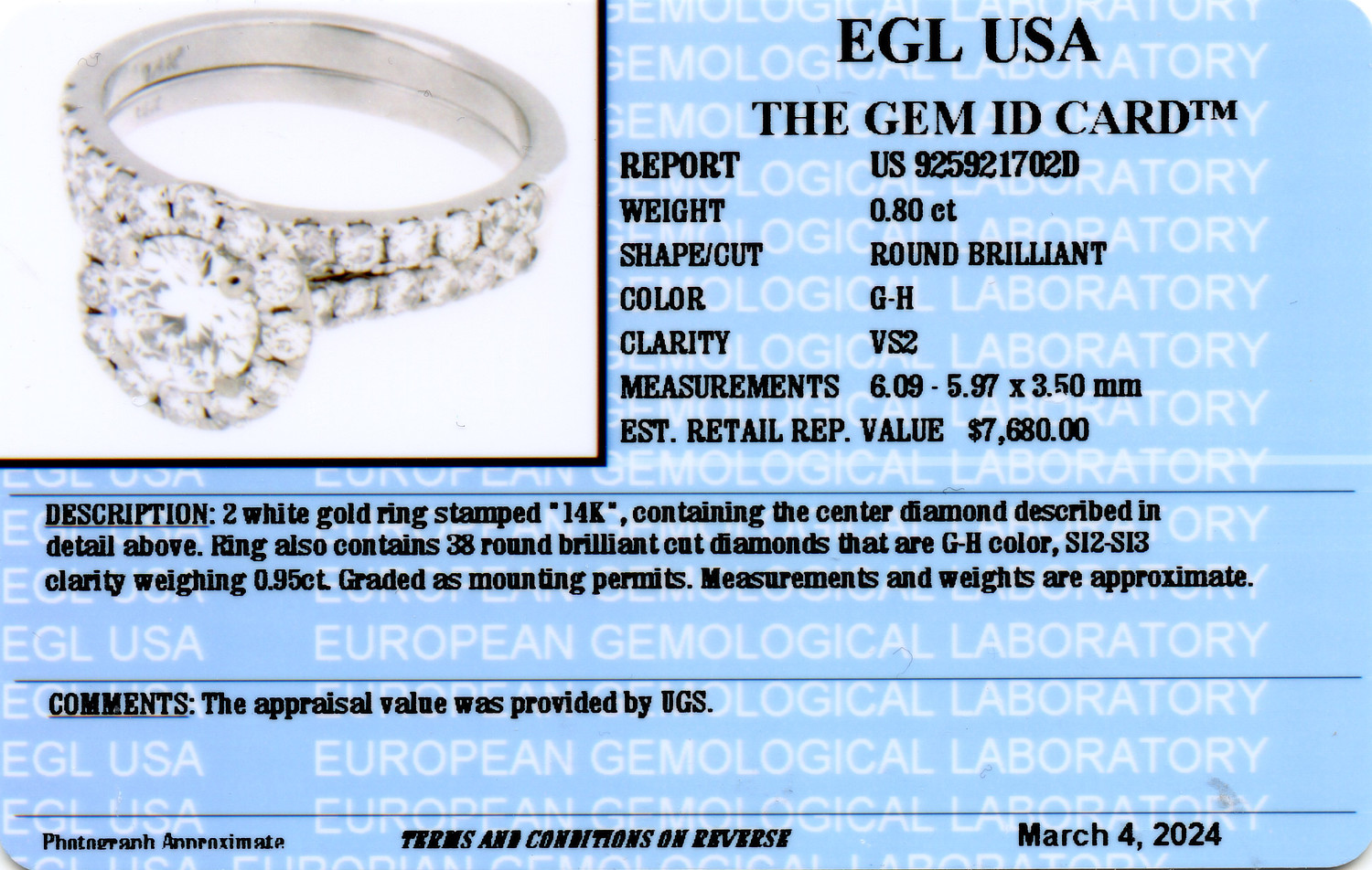 Gallery image of this Women’s 14k White Gold Diamond Bridal Ring Set EGL Cert Size 6.25