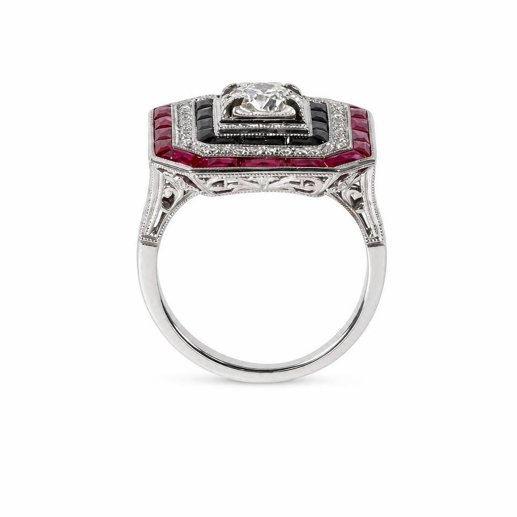 Gallery image of this Women’s 14k White Gold Diamond, Onyx, Ruby Ring EGL Cert Size 6.75