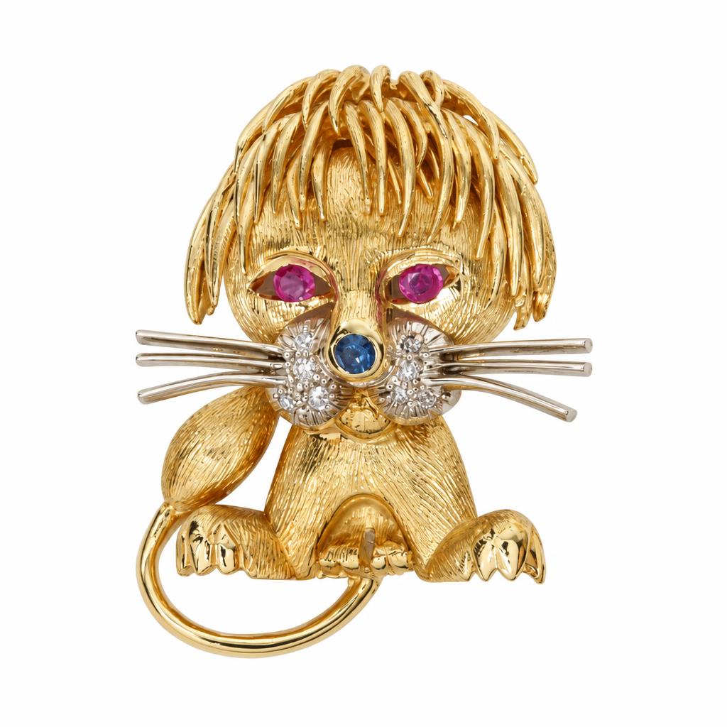 Featured image of this Women’s 18k Yellow Gold Kigu Lion Brooch with Pink & Blue Sapphire and Diamond