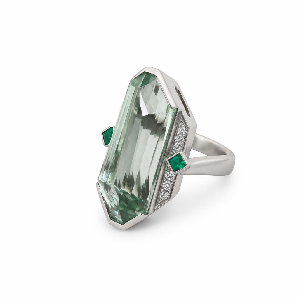 Gallery image of this Women’s Platinum Hiddenite Emerald and Diamond Ring Size 6